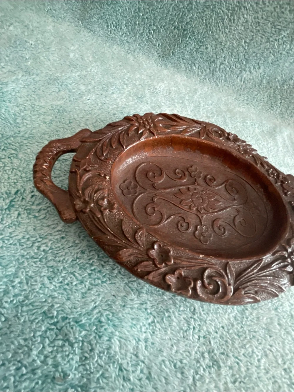 Vintage Walnut Wood Hand Carved Bowl Tray Floral 11